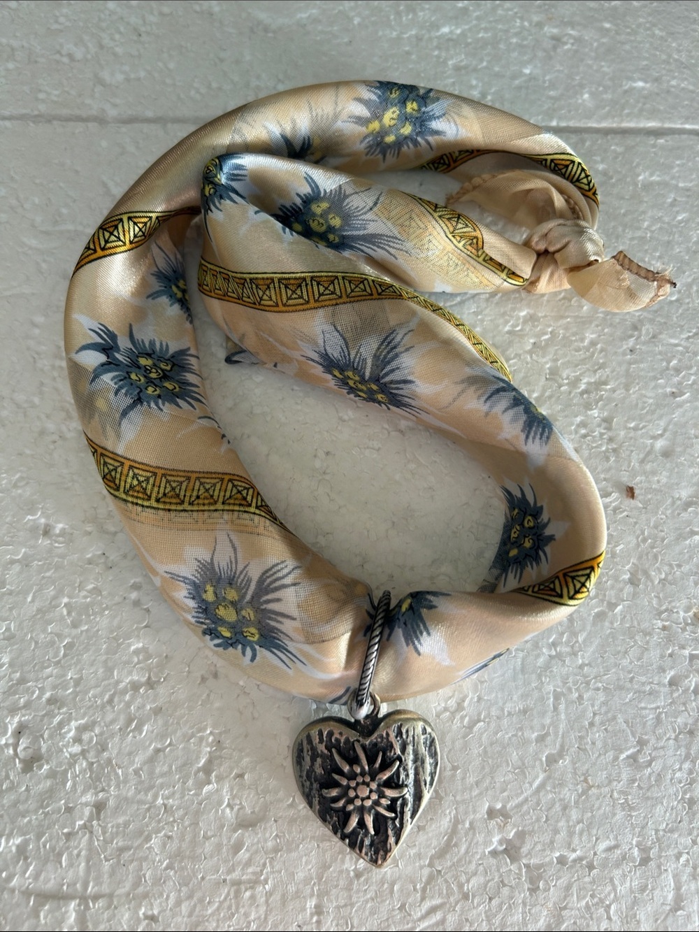 Silky Scarf Antique Silver Heart Pendant Necklace Cottage Western Boho Coquette